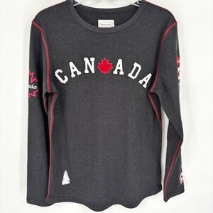 North Oak Canada Long Sleeve Graphic Top Charcoal Grey Red Stitching Medium